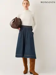 Monsoon Blue White Harper Seamed Denim 100% Cotton Midi Skirt (F36646) | $136