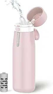 PHILIPS Filtered Water Bottle, Insulated Stainless Steel Water Purifier Bottle for Daily Life & Travel, BPA Free with GoZero Everyday Filter for Cleaner Tastier Tap Water, Keeps Cold, 18.6 oz Pink