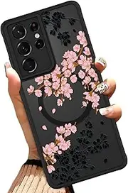 [OOK] Case Fit for Samsung Galaxy S21 Ultra 6.8 Inch (Wireless Charging Compatible) Pink Floral Flowers Design Translucent Phone Cover Soft TPU + Hard PC Anti-Scratch Shockproof Magnetic Case for Women