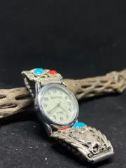 Navajo Kingman Turquoise & ox blood Coral Sterling silver Eagle Men’s Watch