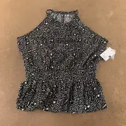 Nine West Women's Size Medium Black Leopard Print Halter Neck Peplum Hem Top NWT