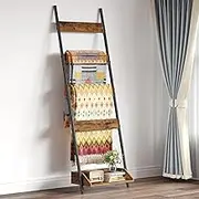Rustic Brown 4-Tier Blanket Rack with Storage Ladder Shelf, Towel Rack Stand for Bathroom, Living Room, Farmhouse Quilt Display Ladder Shelf