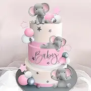DRWATE 32 PCS Elephant Cake Decoration with Mini Elephant Blue White Pearl Balls for Baby Shower Girl Elephant Theme Birthday Party Supplie (PINK)