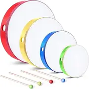 4 Pcs Kids Hand Drum Adults Wood Frame Drum Set with Drum Stick 12 Inch 10 Inch 8 Inch 6 Inch Percussion Musical Instruments for School Kids Adults Beginners Home Party Supplies (Multicolor)