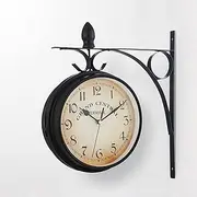 CENATXG Retro Double-Sided Wall Clock Garden Home Decoration Vintage Hanging Wall Clock Metal Clock Bracket, 360 Degree Rotation,Black