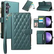[Boyobacase] for Samsung Galaxy S23 FE 5G Wallet Case,for Galaxy S23 FE 5G Case, PU Leather Wallet Flip Cover Stand Feature[6 Card Slots] [1 Zipper Coin Pocket] with Wrist Strap-Green