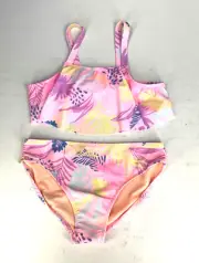 Wonder Nation Girls 2XL (18) Pink Tropical Print 2-Piece Flounce Bikini Swimsuit