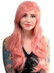 Katy Long Pastel Pink Wavy Womens Costume Wig with Side Fringe