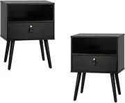 Oikiture Black Bed Side Table with Open Shelving and Drawers Bedside Table Set of 2