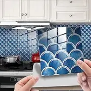 Tiles Wall Stickers Tile Stickers Sky Blue White Stick on Tiles PVC Tile Stickers for Kitchen Heat Resistant Waterproof Self Adhesive Wall Tiles Peel and Stick Wallpaper Stair Stickers Self-