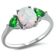 Oval White Opal & Green cz Heart .925 Sterling Silver Ring