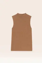 Teresa Tank Top – 100% Wool Super Fine High Neck Ribbed Tank Top, Camel Beige / S