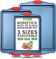 Nutrichef 3-Piece Nonstick Bakeware Set - PFOA, PFOS, PTFE-Free Carbon Steel Baking Trays w/Heatsafe Red Silicone Handles, Oven Safe Up to 450°F, Small, Medium & Large Cookie Sheet Pans