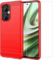 Generic TPU Cover for Oneplus Nord N30 + HD Tempered Glass, Carbon Fiber Shell Bumper Protective Back Case - Anti-Scratch Screen Protector for Oneplus Nord N30 (6,72") - Red