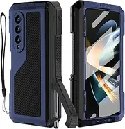 [YQODSZ] for Samsung Galaxy Z Fold 4 Metal Case with S Pen Holder, Military Rugged Heavy Duty Z Fold4 Case Built in Screen Protector Full-Body Drop Protection Kickstand Phone Case for Z Fold 4 - Blue