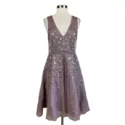 Aidan Mattox Women's Cocktail Dress Size 6 Purple Beaded Fit and Flare Midi