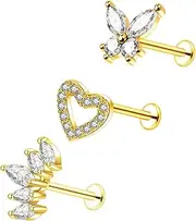 [Besyvvin] 3pcs Flat Back Helix Tragus Bars Lip Labret Studs Stainless Steel 6mm 8mm 10mm Cartilage Earring Piercing Flower Butterfly Jewellery 16G