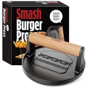 Smash Burger Press Pre-Seasoned Cast Iron Hamburger Smasher 2 lb Heavy-Duty G...