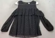 Old Navy Blouse Top Women XS Black Sparkly Swiss Dot Ruffle Cold Shoulder Sleeve