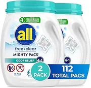 [all] Mighty Pacs Laundry Detergent, Free Clear Odor Relief, Tub, 56Count, Pack Of 2, 112 Total Loads