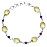 Lemon Quartz Checker Briolette & Amethyst 925 Silver Bracelet Jewelry B-1006