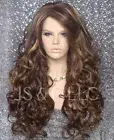Long Human hair blend Full Wig Heat OK Brown blonde mix Curly bang 8/27/613 WBT