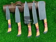 Handmade Damascus Steel Kitchen Knife Set Full Tang, Leather Sheath, Chef knives