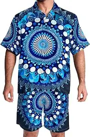 [KQNZT] Men's Hawaiian Shirts and Shorts Set, Men's 2 Pieces Shirt Sets, Mens Beach Outfit, Modern Geometric Circle Blue Mandala Art, Men Summer Outfits