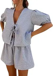 [Geagodelia] Women's 2 Pieces Outfit Summer Ladies Co Ord Set Peplum Tie Front Blouse Babydoll Top + Shorts Y2k Aesthetic Clothes Lounge Wear Workout