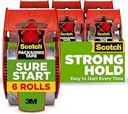 Scotch Sure Start Shipping Packaging Tape, 1.88" x 22.2 yd, Designed for Packing, Shipping and Mailing, Quiet Unwind, No Splitting or Tearing, 1.5" Core, Clear, 6 Dispensered Rolls (145-6)