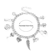 Vintage Silver Color DIY Elephant Heart Lock Key Bangle Flower Star Wings Fashio