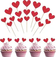 60 pcs Heart Cupcake Toppers Valentine's Day Sweet Love Cake Decorations, Glitter Cupcake Picks for Wedding Engagement, Bridal Baby Shower Cupcake Topper Sticks, New Year Party Cake Supplies (Red)
