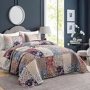 DURLENGEN Floral Quilt Set California King Size 3Pcs, Bohemian Floral Plaid Styling Bedspread, All Season Lightweight Coverlet Sets(Cal King 112x104, Navy Floral Plaid)
