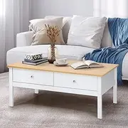 Oikiture Coffee Table with 2 Storage Drawers Sofa Cafe Desk Natural White