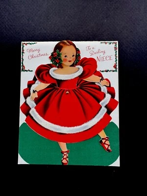 1 VTG Unused Mechanical Xmas Greeting Card Cute Young lady In Red Dress Dancing