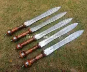 Set Of 5 Handmade Damascus Steel Double Edge Roman Gladius Sword With Sheath