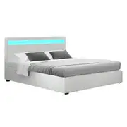 Artiss Bed Frame Double Size LED Gas Lift White CO