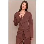 Chestnut Premium Tailored Collarless Button Up Fitted Blazer, Chestnut