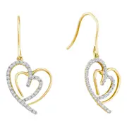 10k Yellow Gold Round Diamond Heart Dangle Wire Earrings 3/8 Cttw