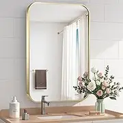 CLBA Gold Bathroom Mirror, 26x38 Inch Brushed Gold Mirror, Aluminum Alloy Framed Vanity Mirror, Rounded Rectangle Mirror for Over Sink, Anti-Rust Wall Mirror (Horizontally or Vertically)