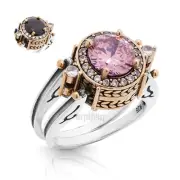 Turkish Reversible Round Pink and Black Onyx Topaz 925 Sterling Silver Ring