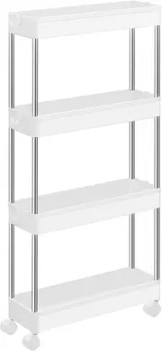 4-Tier Rolling Cart, Narrow Utility Cart on Wheels, 6 Hooks, 360° Swivel Wheels, Lockable, Steel Frame, Bathroom, Kitchen, Office, Cloud White