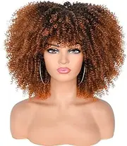 36cm Afro Kinky Curly Wig with Bangs for Black Women Ombre Brown1B/30 No Glue Full and Fluffy like a Bomb Short Curly Hair Wigs