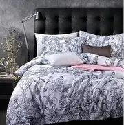 [Eikei] Midnight Blue Botanical Print Duvet Quilt Cover Egyptian Cotton Bedding Set Modern Luxury Minimal Palm Leaf Dark Navy Taupe Floral Watercolor Design (White, Queen)
