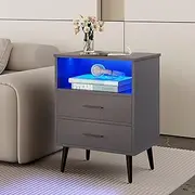 LVSOMT LED Bedside Table with Charging Station, Modern Bed Side Table with Human Body Induction, Nightstand with 2 Drawers and Open Shelf, Bedroom Night Stand (Gray)