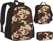 [ERCgad] Brown Cowhide Art Print Canvas 3-In-1 School Bags Set Backpack Lunch Bag Pencil Case Combo For Men Women, Black, One Size