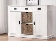 Kimberly White 3 Drawer Buffet Sideboard 2 Seagrass Baskets - Elegant & Functional Storage Dresser Solution
