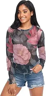 [AIXIWAWA] Women Long Sleeve Mesh Sheer Top Feather Floral, Sexy See-Through Blouse for Party Evening Wear S