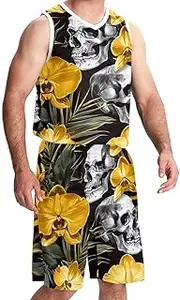 [KQNZT] Basketball Jerseys Shorts Sport Set, Outfit Tank Top Track Shorts, Mens Basketball Jerseys, Skull Tropical Leaf Flower