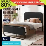ALFORDSON Metal Bed Frame Single Size Upholstered Headboard Black Leather MADGE